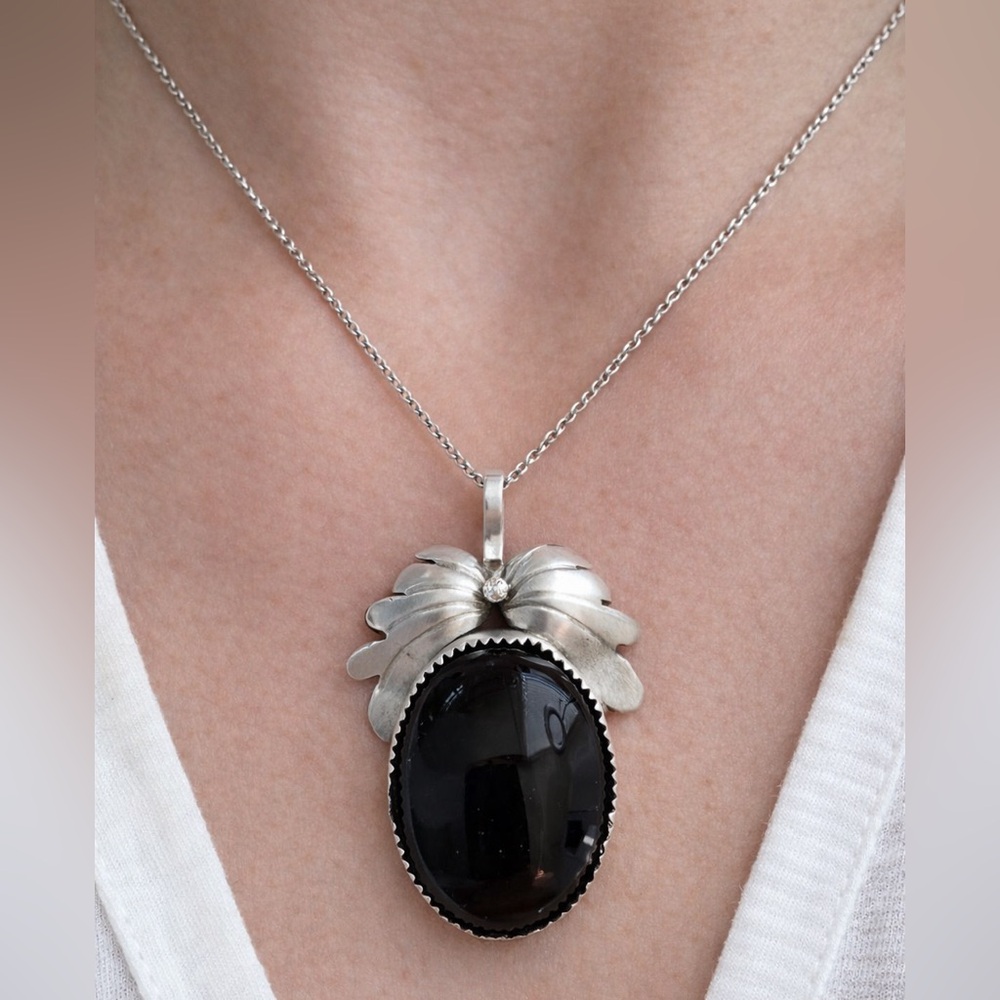 Vintage Sterling Silver Black Onyx Pendant Brooch Large Statement Artisan NS